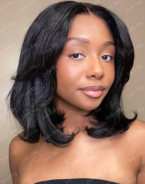 [Ready To Ship Only For US] Yuri- 7X5 Glueless French Bob Wig With Curtain Bangs Layered Cut Bob Wig Pre Cut Lace