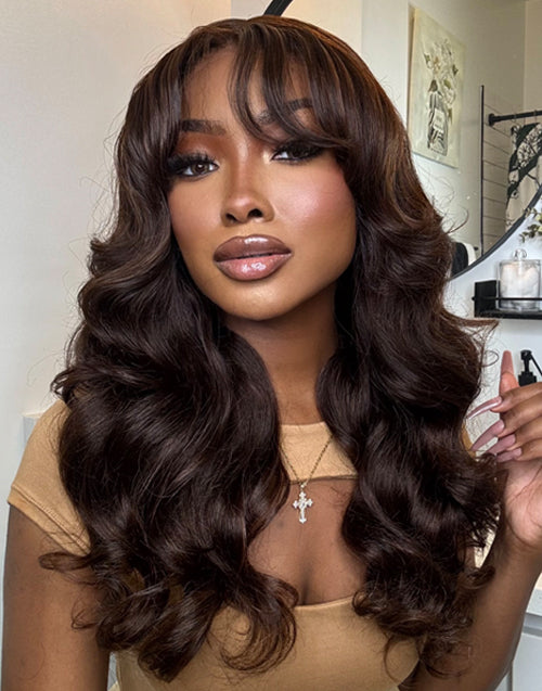 Eartha- NEW Glueless Curtain Bangs Wig Pre Everything 13X5 7X5 Chocolate Brown #4 Glueless Wavy Wig
