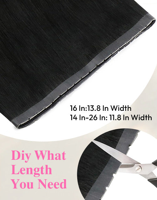 Cuttable PU skin hair weft specs showing 16 inch with 13.8 inch width and 14 to 26 inch with 11.8 inch width for custom DIY sizing.