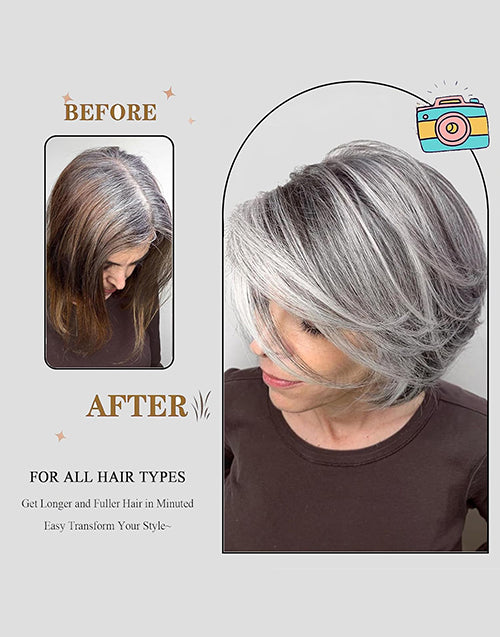 Mag- Highlight Sliver Ombre Grey Wavy Layered Bob Wig With Curtain Bangs Pixie Cut Wig for Women