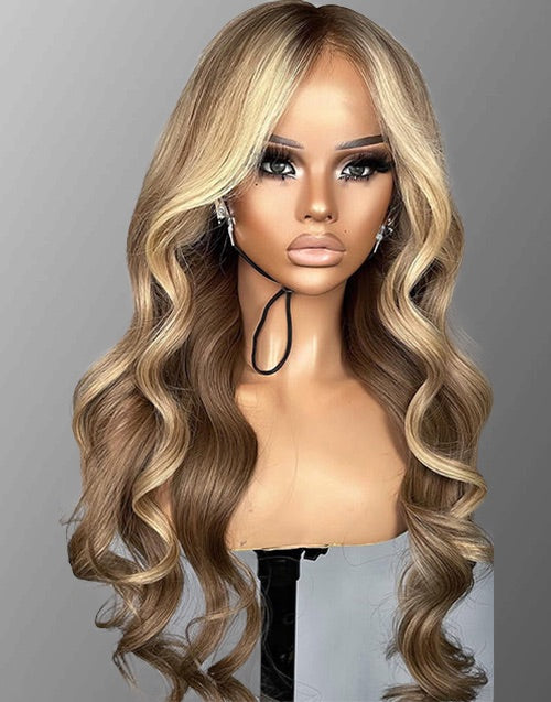 22" Brown Mixed Blonde Luxury Wavy 13x6 Lace Front Wig For Women Flash Deal