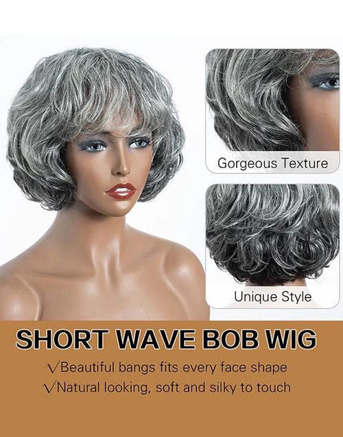Yoselin- Salt And Pepper Wig Short Natural Wave Bob Glueless Wig With Bangs For Women
