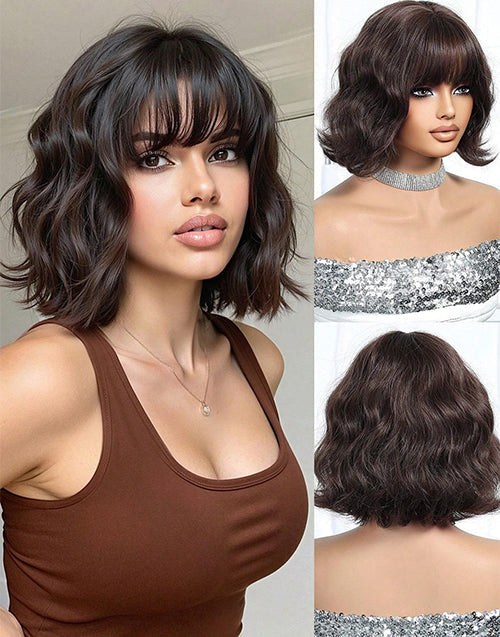 Leola- Dark Brown Short Wavy Wig With Bangs Natural Looking Shoulder Length Wig For Women Daily Wear Hairstyle