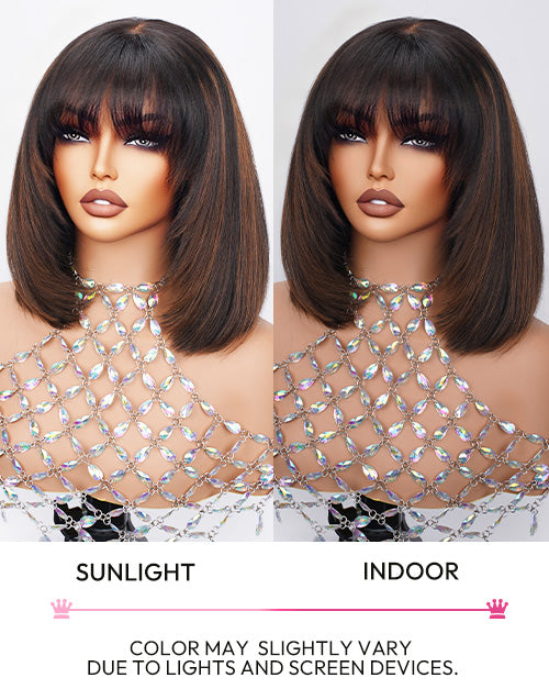 Pag- Glueless Pull Go Wig Brown Highlight Layered Haircut Silky Straight Bob With Bangs