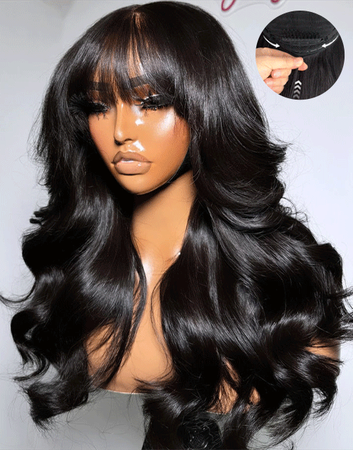 18" Pull Go Wig Body Wave 13x5 Pre Everything Wig With Bangs Flash Deal