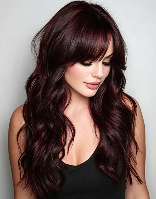 Danika model wearing a professional black cherry wavy glueless lace front wig