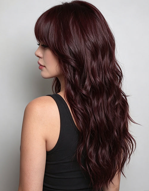 Side profile view of the Danika black cherry glueless wavy lace front wig.