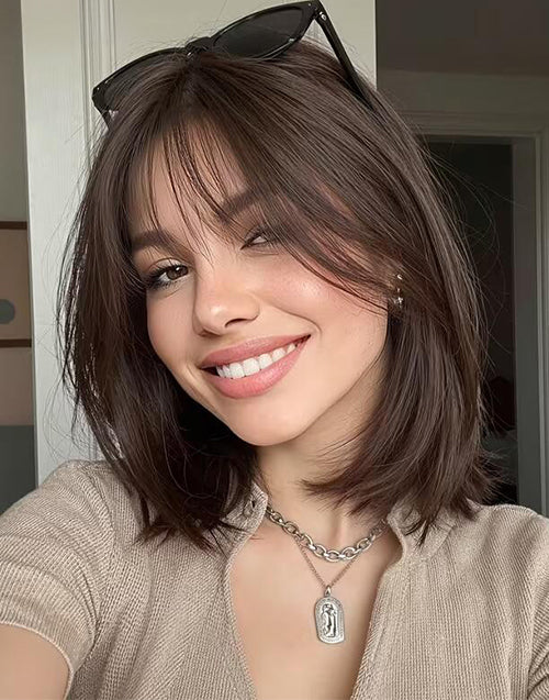 Alia- Dark Brown Straight Bob Wig With Airy Curtain Bangs Glueless 7x4.5 Mono Lace Wig