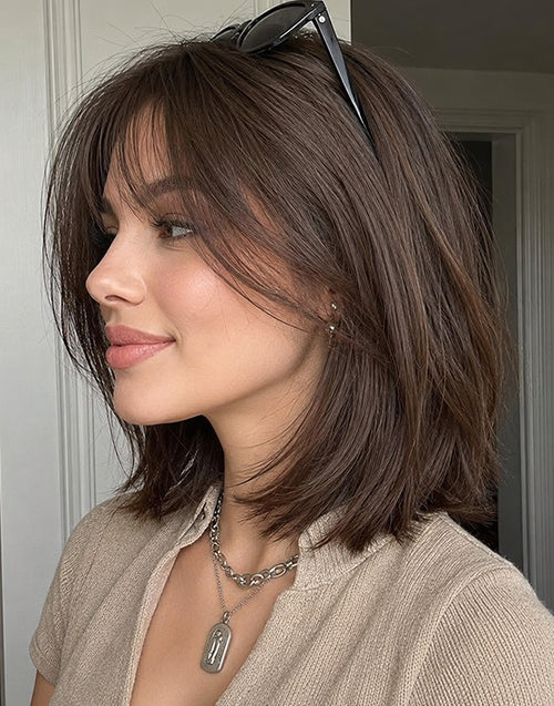 Alia- Dark Brown Straight Bob Wig With Airy Curtain Bangs Glueless 7x4.5 Mono Lace Wig