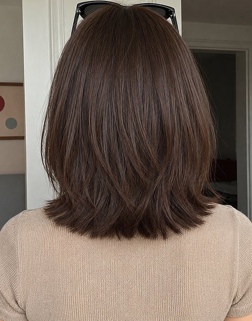 Alia- Dark Brown Straight Bob Wig With Airy Curtain Bangs Glueless 7x4.5 Mono Lace Wig