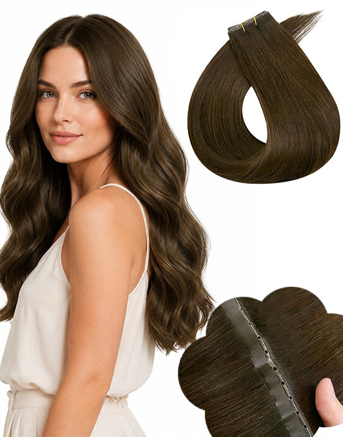 Woman with long, wavy dark brown seamless tape-in human hair extensions showing product bundle and invisible tape tabs.