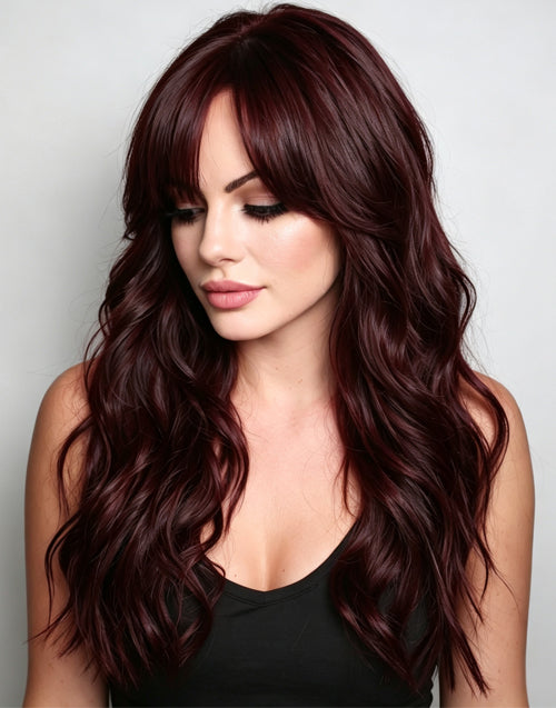ront view of a woman wearing a long dark cherry burgundy wavy hair wig, featuring soft curtain bangs.