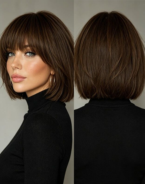 Side-by-side front and back view of a chin-length dark chocolate brown wig.