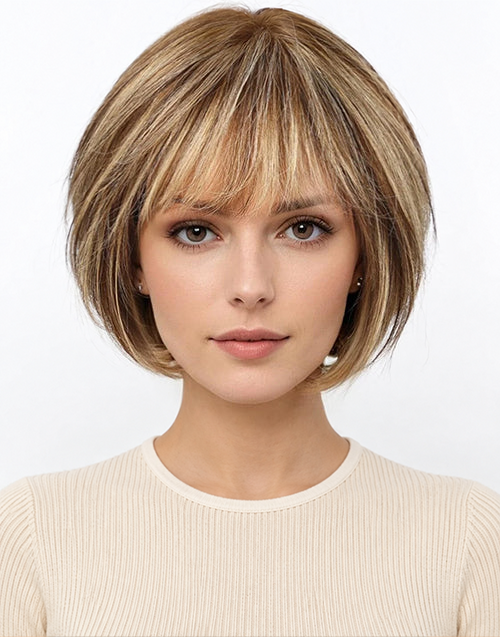 10" Brown Mixed Blonde Straight Bob Wigs With Bangs 5x5/Minimalist Lace Flash Deal