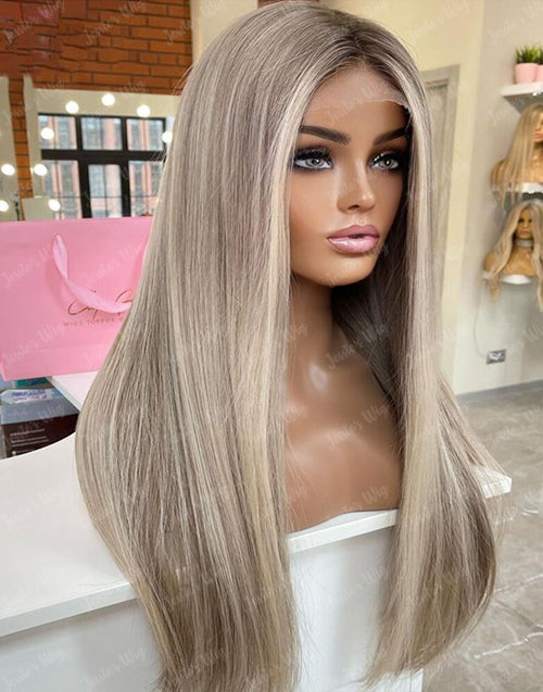 Aria- True-Hold Glueless Highlight Ash Blonde With Grey Roots Ombre Colored Straight 13x4 Lace Frontal Wig