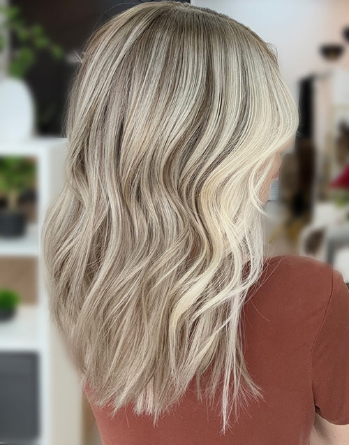 Kayra- Full & Bouncy Highlight Ombre Ash Blonde Wig With Dark Roots Short Wavy Bob Lace Front Wig