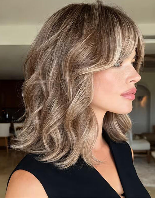 Deimy- Elegant Brown Highlight Wavy Bob Wigs With Curtain Bangs True-Hold Glueless Wig 100% Human Hair