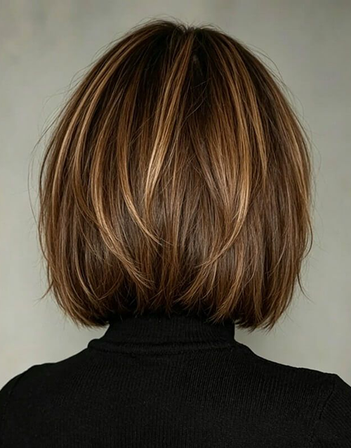A detailed back view of a sophisticated, chin-length layered brunette bob with dimensional honey brown highlights, showing textured cutting and volume.