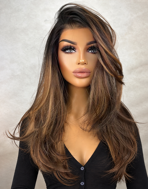 18" 24" Ombre Brown Highlight Wavy 360 Lace Wig Dark Roots For Women Flash Deal