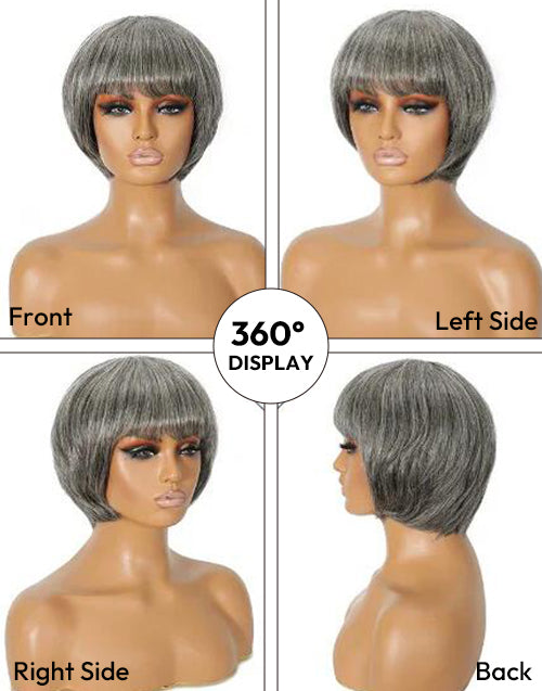 Maol- Salt And Pepper Highlights Grey Straight Bob Wig With Bangs Full Machine Silver Grey Wig