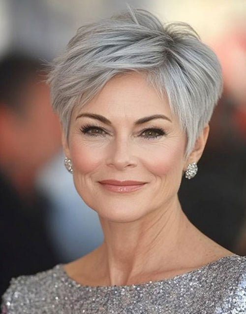 [Ready To Ship]Gray Color Straight Short Pixie Cut Wigs With Bangs for Women Over 50