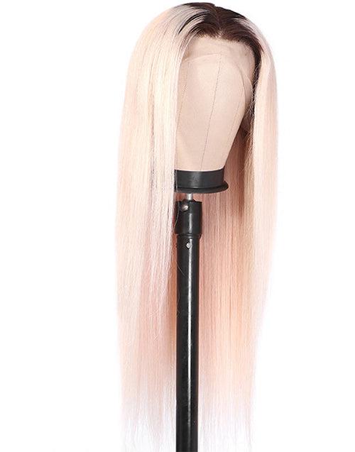20" Ombre Pink Color With Black Roots Straight Glueless 4x4 Lace Wig Flash Deal
