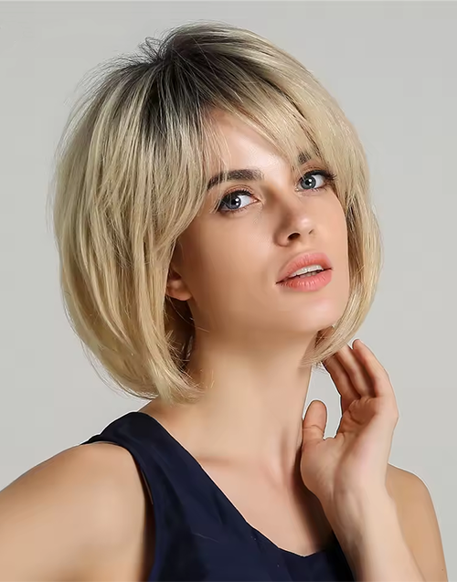 Eova-Beginner Friendly Short Cut Ombre Blonde Wig With Dark Roots 100% Human Hair Wigs