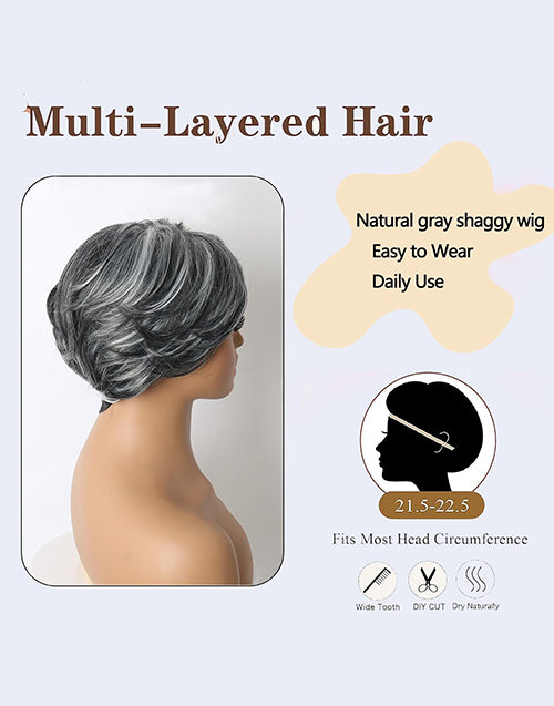 Mag- Highlight Sliver Ombre Grey Wavy Layered Bob Wig With Curtain Bangs Pixie Cut Wig for Women