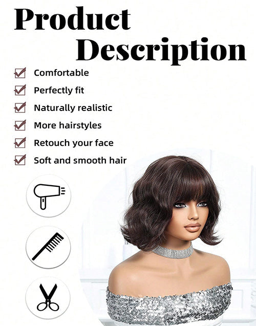 Leola- Dark Brown Short Wavy Wig With Bangs Natural Looking Shoulder Length Wig For Women Daily Wear Hairstyle