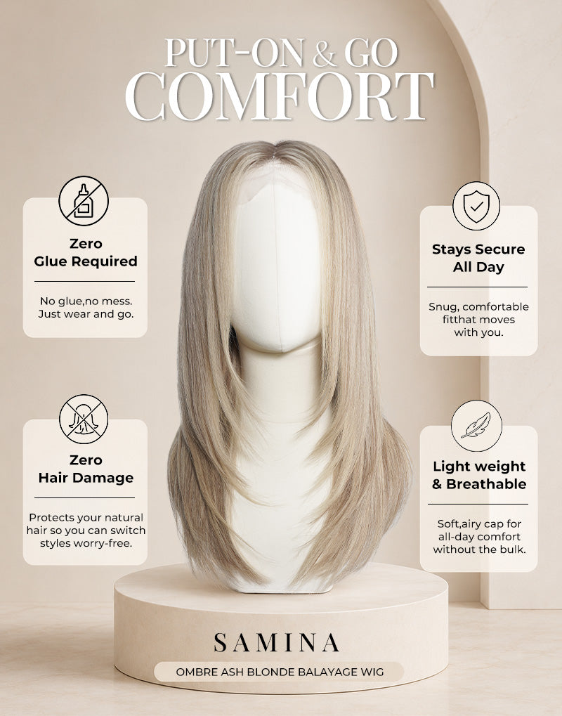 Samina- Ombre Ash Blonde Balayage Layered Straight Wig True-Hold Glueless Wig