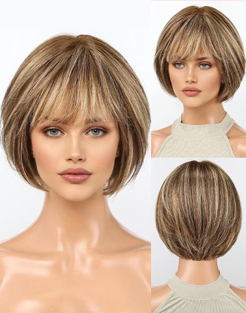 Pine- Short Bob Wigs Brown Mixed Blonde Straight Wigs With Bangs 5x5 Lace Human Hair For Women