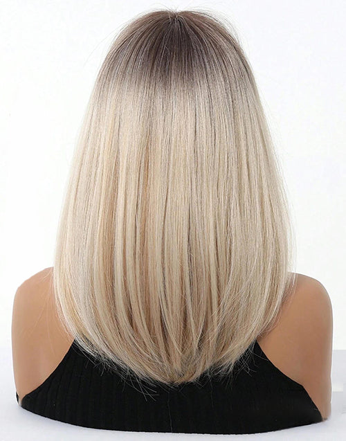 Meagan- Ombre Blonde Straight Layered Wig With Bangs Dark Roots Airy Fringe Shoulder Length For Women