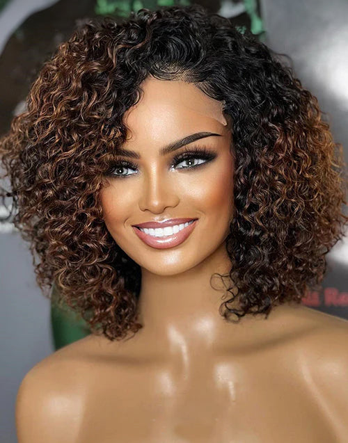 EXTRA 25% OFF 12" Ombre Brown Curly Bob Glueless 4x4 Pre Cut Lace Wig Flash Deal
