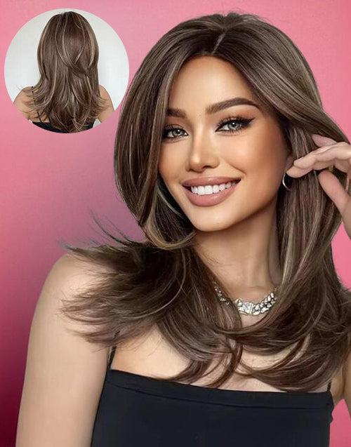 front and back view of fatima 7x4.5 mono lace caramel brown highlight wig showing layered blowout hairstyle from multiple angles