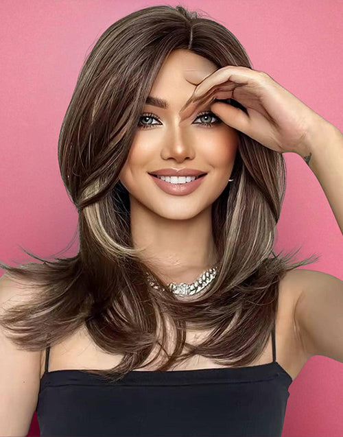 Fatima- 7x4.5 Mono Lace Caramel Brown Highlights Straight Layered Glueless Wig Blowout Style