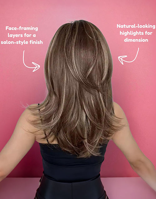 back view of fatima caramel brown highlight wig showing face-framing layers for a salon-style finish and dimensional highlights