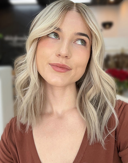 Kayra- Full & Bouncy Highlight Ombre Ash Blonde Wig With Dark Roots Short Wavy Bob Lace Front Wig
