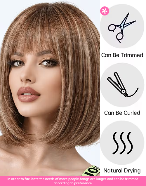 Dra- Minimalist Lace Highlight Honey Brown Straight Blunt Cut Bob Wig With Bangs Glueless Wig