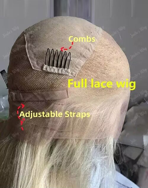 Full lace wig cap construction with combs and adjustable straps.