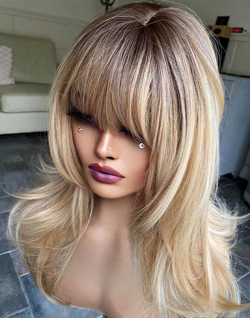 Ania- Dark Golden Blonde Straight Layered Wig With Bangs Darker Blonde Root For Women