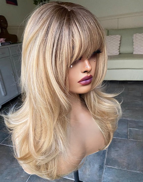 Ania- Dark Golden Blonde Straight Layered Wig With Bangs Darker Blonde Root For Women