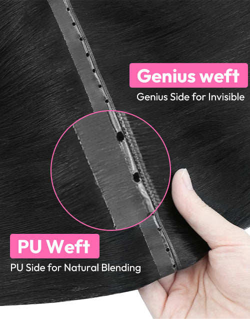 Close-up of Genius PU weft hair extensions showing invisible Genius side and PU side for seamless natural blending.