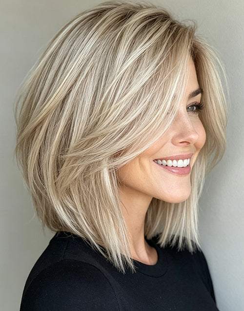 Ghada-Ombre Ash Blonde Highlight Layered Straight Bob Wig With Side Part Glueless Wig