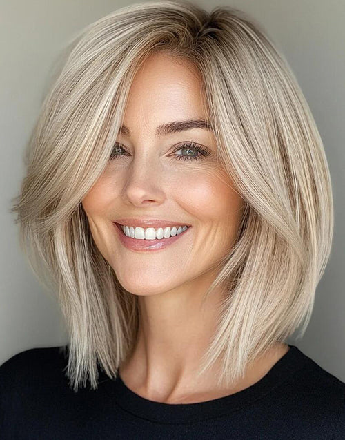 Ghada-Ombre Ash Blonde Highlight Layered Straight Bob Wig With Side Part Glueless Wig