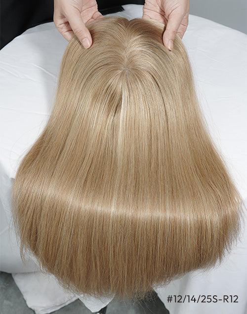Top view of a golden blonde mix (#12/14/25S-R12) straight human hair topper showing a realistic scalp parting and smooth, shiny hair texture.