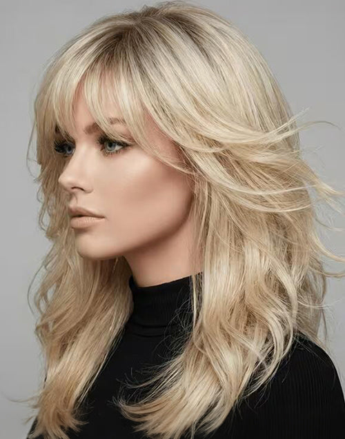 A beautiful woman wearing a long layered wavy wig in golden blonde color with bangs, front view.