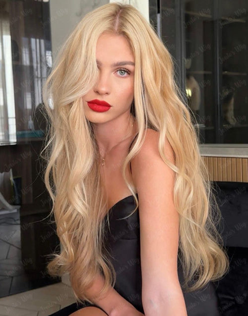 Front view of a golden blonde ash brown ombre wavy human hair wig.