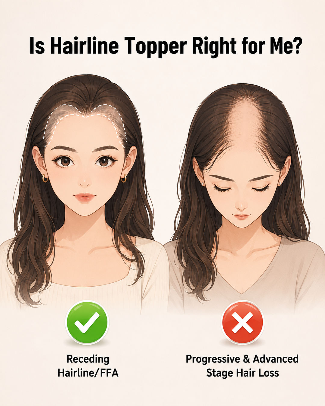 Suitability guide showing hairline topper is ideal for receding hairline and FFA, but not for advanced stage hair loss.