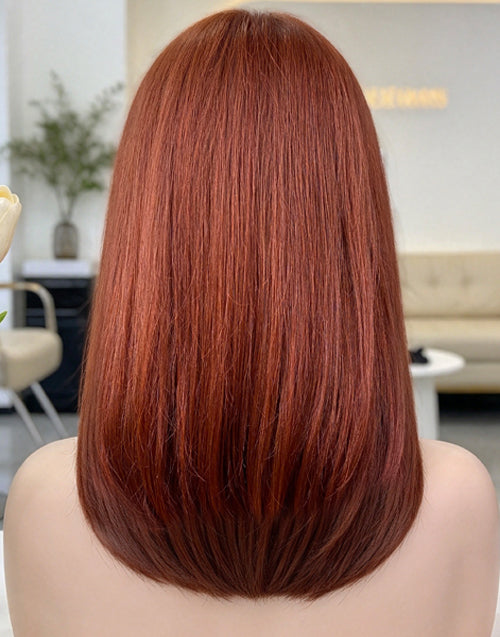 Hawa-Copper Red Layer Cut Wavy Bob Wig With Curtain Bangs Glueless Mid-Length Luxury Wig