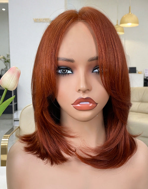 Hawa-Copper Red Layer Cut Wavy Bob Wig With Curtain Bangs Glueless Mid-Length Luxury Wig
